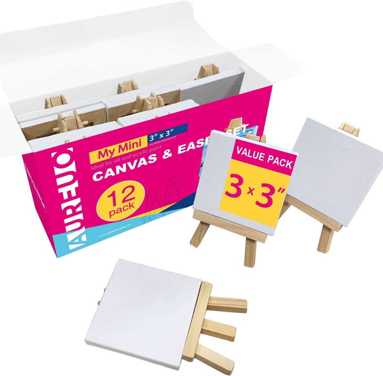 Mini Canvas & Easel Set – 12 Pack with Display Stands (3"x3" with Easel)